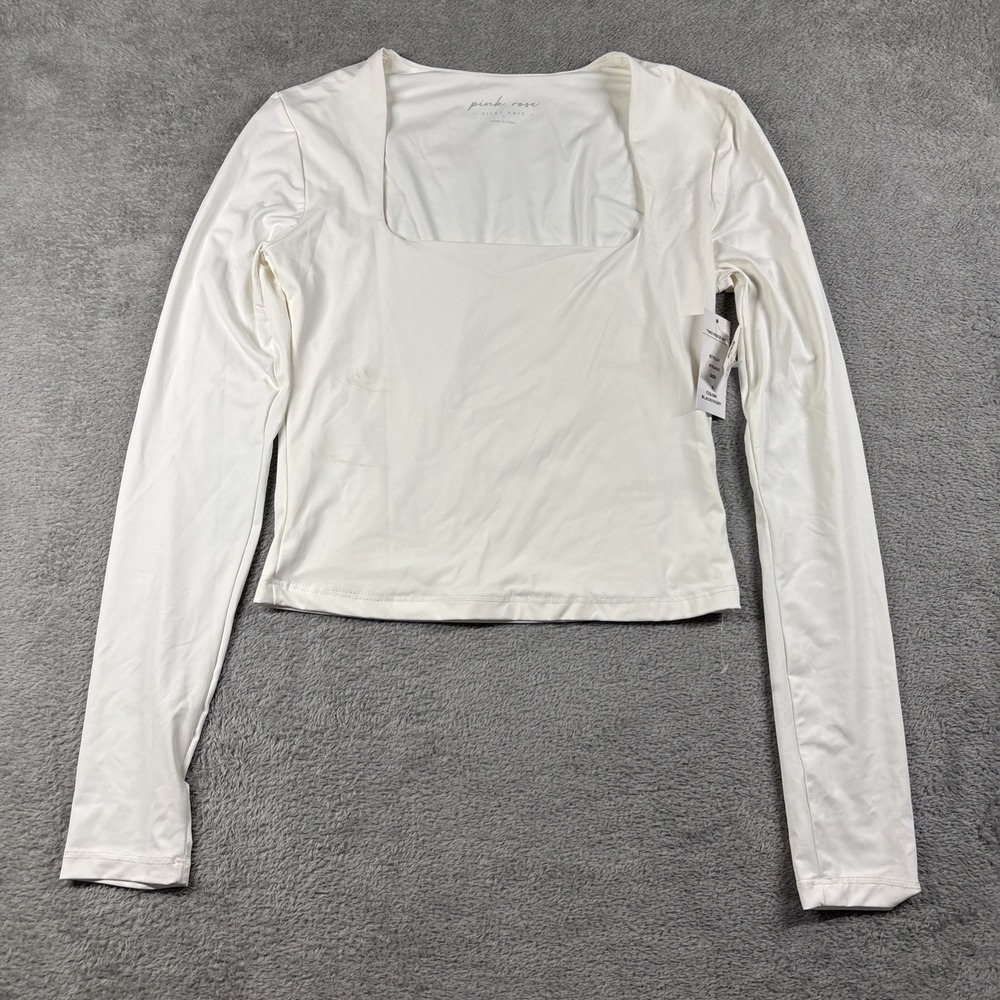 Pink Rose Silky Knit Square Neck Long Sleeve Ivory Women's Size Small New *READ*